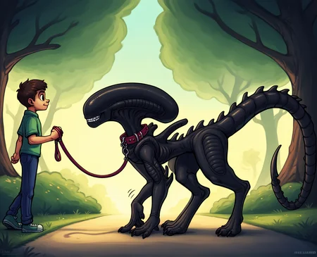 score_9, score_8_up, score_7_up, score_6_up, score_5_up, score_4_up, source_furry, [bfix|fbk], alien, xenomorph, black body, black skin, solo, spiked tail, spikes, spikes \(anatomy\), tail, ambiguous gender, outside, park, motion lines, emanata, cute, backlighting, all fours, petplay, pet play, roleplay, dog walking, leash, animal collar, holding leash, child, human, male, 1boy, 1girl, (humor, funny, irony:1.4), annoyed, upset, teeth, happy child, smiling boy, human holding leash, anthro collared, anthro leashed, anthro getting taken out for a walk, (larger female:1.2), tall, tall female, eye contact, (looking down:1.2)
<lora:xenomorph_pdxl:1>