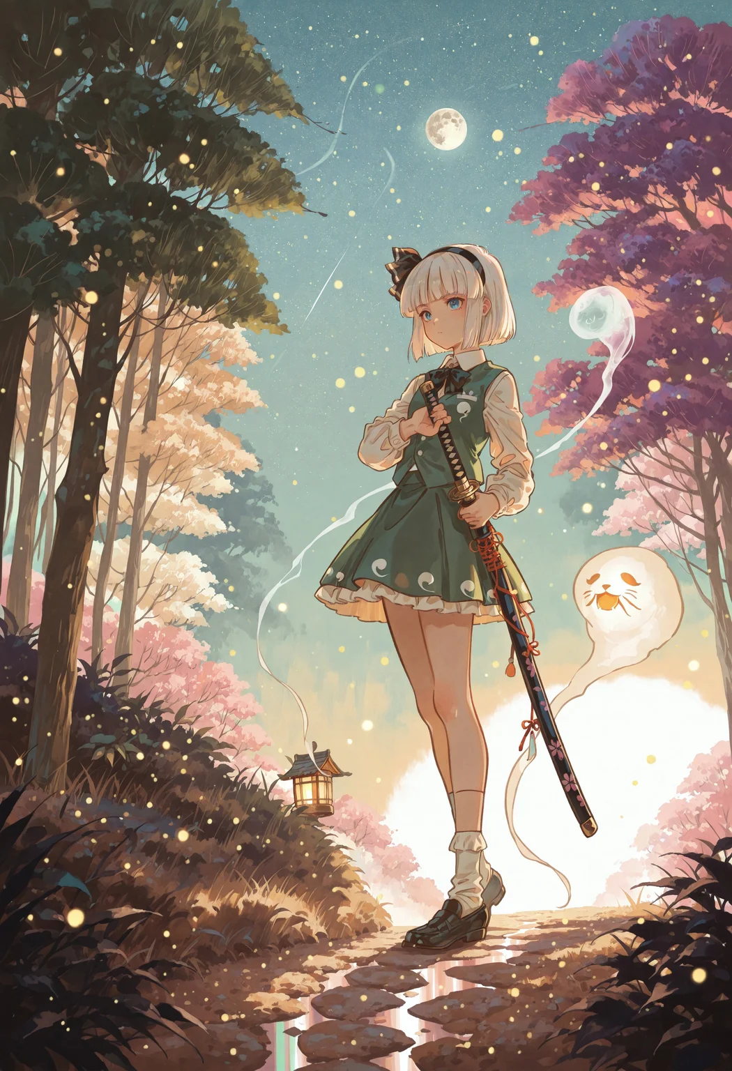 safe_pos, source_anime, high res image, masterpiece, best quality, very awa, absurdres, perfect quality, newest, HDR, highres, scenic, ultra detailed face, detailed eyes,
BREAK 1girl, konpaku youmu, solo, white hair, short hair, blunt bangs, blue eyes, hairband, hair ribbon, black ribbon, black bowtie, white shirt, collared shirt, green vest, green skirt, socks, katana, (detailed katana:1.2), drawing a katana, unsheathing a katana, ghost, girl focus
BREAK riverside, lantern, moon light, (soft lighting:1.1), stars, lantern light, fireflies, trees, path, bushes, pastel colors, gradient color, cozy atmosphere, warm tone