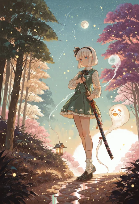 safe_pos, source_anime, high res image, masterpiece, best quality, very awa, absurdres, perfect quality, newest, HDR, highres, scenic, ultra detailed face, detailed eyes,
BREAK 1girl, konpaku youmu, solo, white hair, short hair, blunt bangs, blue eyes, hairband, hair ribbon, black ribbon, black bowtie, white shirt, collared shirt, green vest, green skirt, socks, katana, (detailed katana:1.2), drawing a katana, unsheathing a katana, ghost, girl focus
BREAK riverside, lantern, moon light, (soft lighting:1.1), stars, lantern light, fireflies, trees, path, bushes, pastel colors, gradient color, cozy atmosphere, warm tone