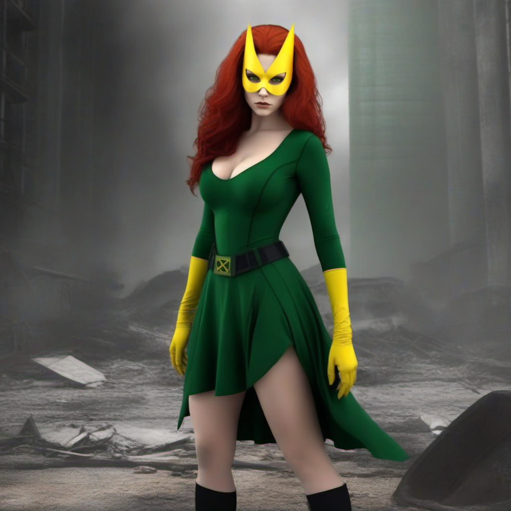 Dystopian style a fullbody skinny with big breast redhead woman wears a green dress and a yellow mask, powerfull superhero <lora:MarvelGirl1024:0.8> . Bleak, post-apocalyptic, somber, dramatic, highly detailed