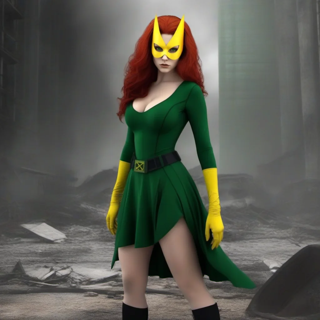 Dystopian style a fullbody skinny with big breast redhead woman wears a green dress and a yellow mask, powerfull superhero <lora:MarvelGirl1024:0.8> . Bleak, post-apocalyptic, somber, dramatic, highly detailed