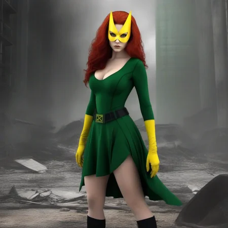 Dystopian style a fullbody skinny with big breast redhead woman wears a green dress and a yellow mask, powerfull superhero <lora:MarvelGirl1024:0.8> . Bleak, post-apocalyptic, somber, dramatic, highly detailed