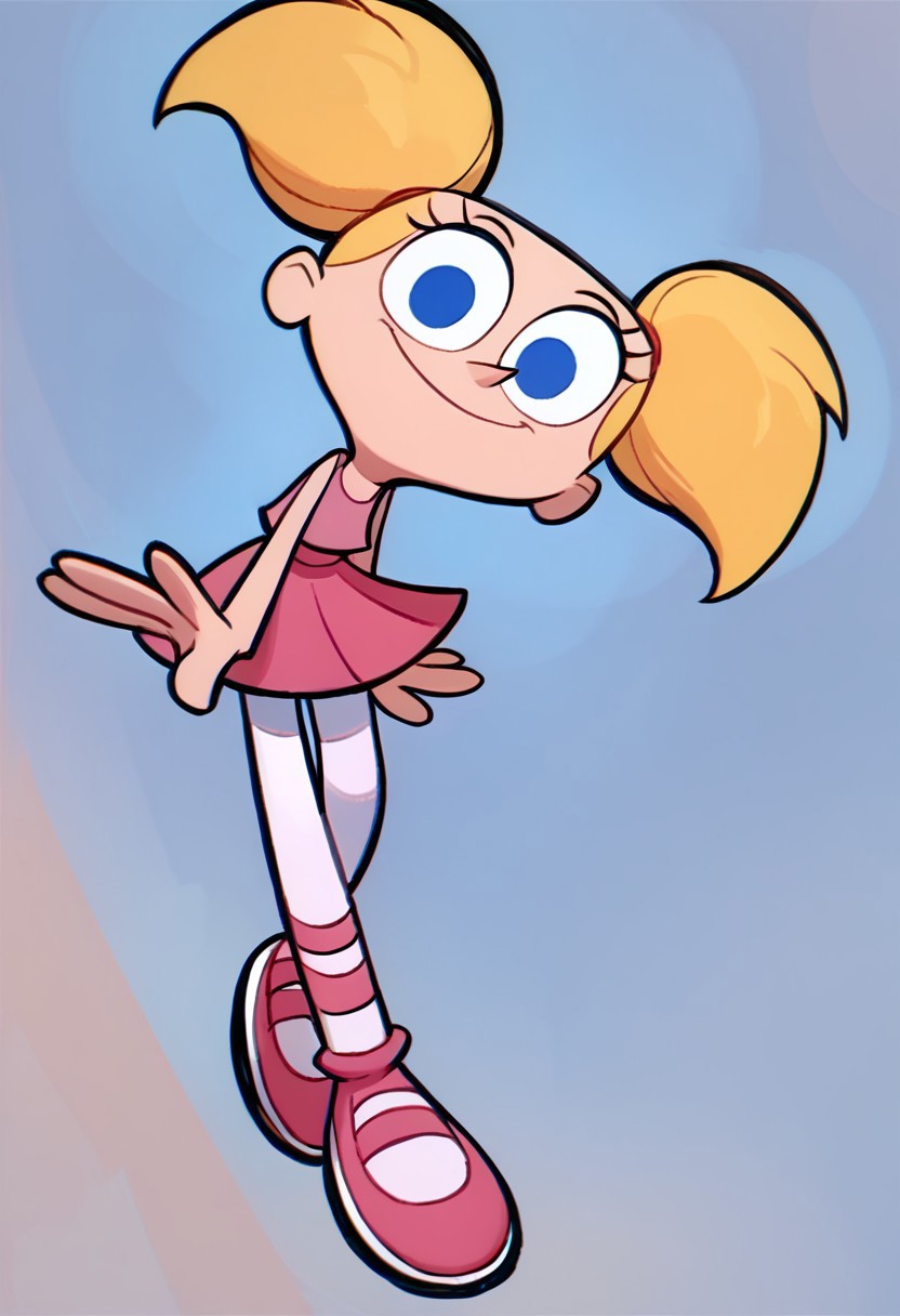 score_9, score_8_up, score_7_up BREAK DeeDeeDL, 1girl, blonde pigtails, blue eyes, pink tank top, pink skirt, white tights, pink ballet shoes, smiling at viewer, solo, solo focus,