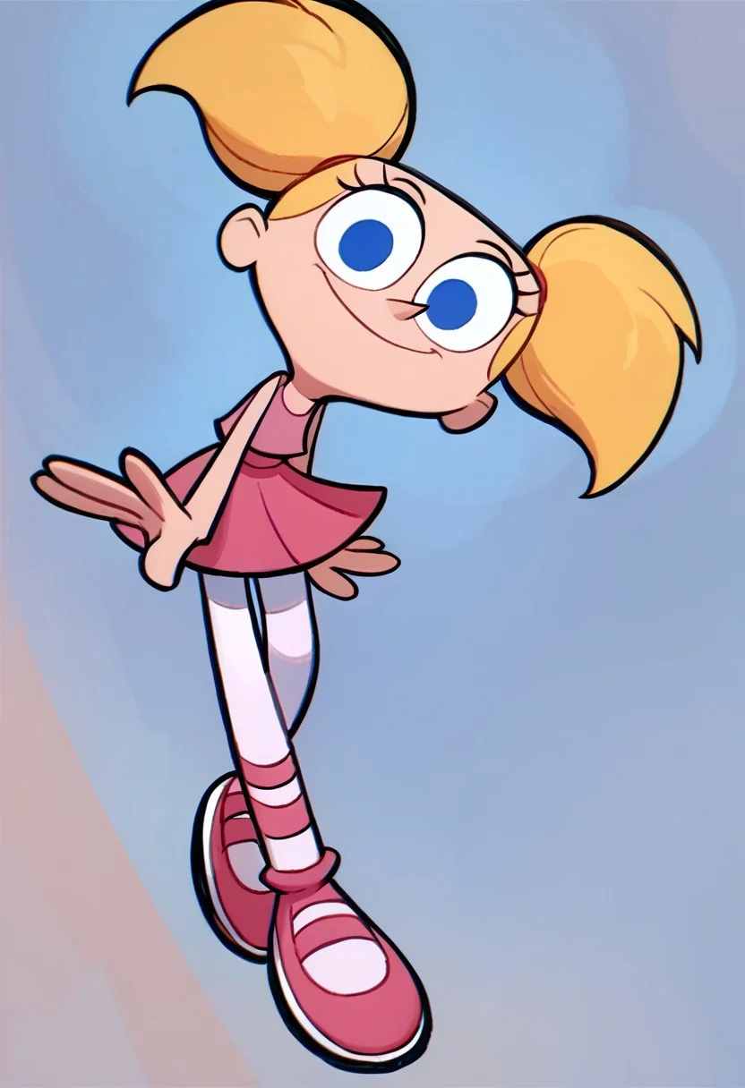 score_9, score_8_up, score_7_up BREAK DeeDeeDL, 1girl, blonde pigtails, blue eyes, pink tank top, pink skirt, white tights, pink ballet shoes, smiling at viewer, solo, solo focus,