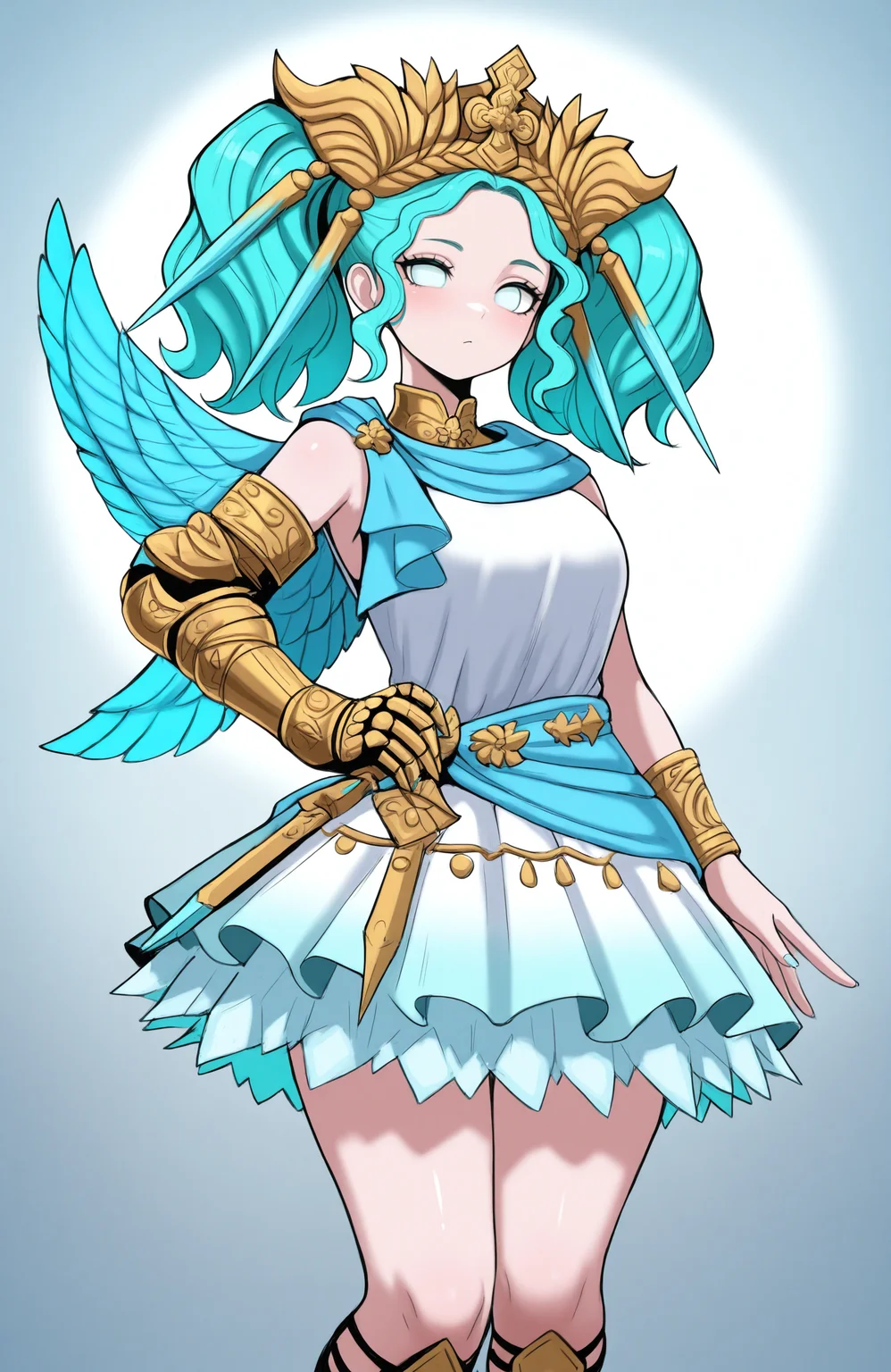 Masterpiece, best quality, high quality, absurdres, newest, shadman, menphinaxiv, 1girl, solo, aqua eyes, no pupils, aqua hair, short twintails, crown, hair ornament, single wing, blue wing, metal collar, blue sash, single gauntlet, gold gauntlet, single bracer, blue scarf, white dress, layered dress, gladiator sandals, <lora:MenphinaIlluV5Manual:1>