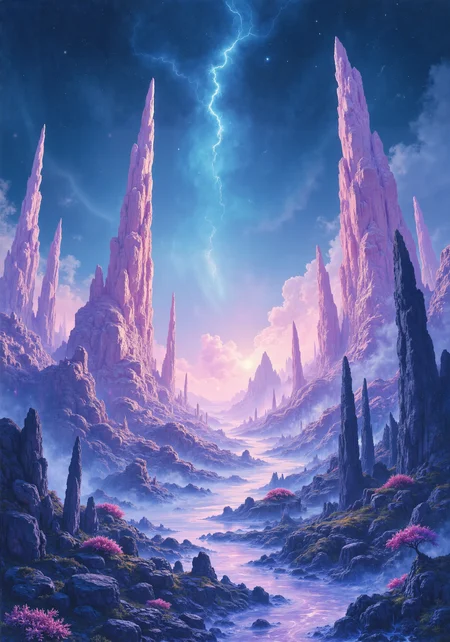 A mesmerizing expanse of a quartz plateau under a soft twilight glow, ethereal pastel hues blending with deep indigo starlight and delicate aurora ribbons, ultra 8k digital art with hyper-detailed texture, radiant crystalline spires rising from rugged terrain, gentle mists weaving through surreal rock formations, enigmatic bioluminescent flora and whimsical fauna adding a magical vibrancy, impressionist watercolor strokes combined with modern digital precision, subtle ambient lighting highlighting intricate natural facets, a majestic masterpiece capturing both serene tranquility and otherworldly dynamism, a realm where nature's raw geometry meets dreamlike artistry. <lora:ç»ªå¿ CGé£æ»¤éFLUX:0.6> <lora:é£æ ¼å-è¶ç°å®:0.2> <lora:RM_JamesJean_v0.5:0.3> <lora:Mezzotint_Artstyle_for_Flux_-_by_Ethanar:0.5> <lora:flux_dev:1>