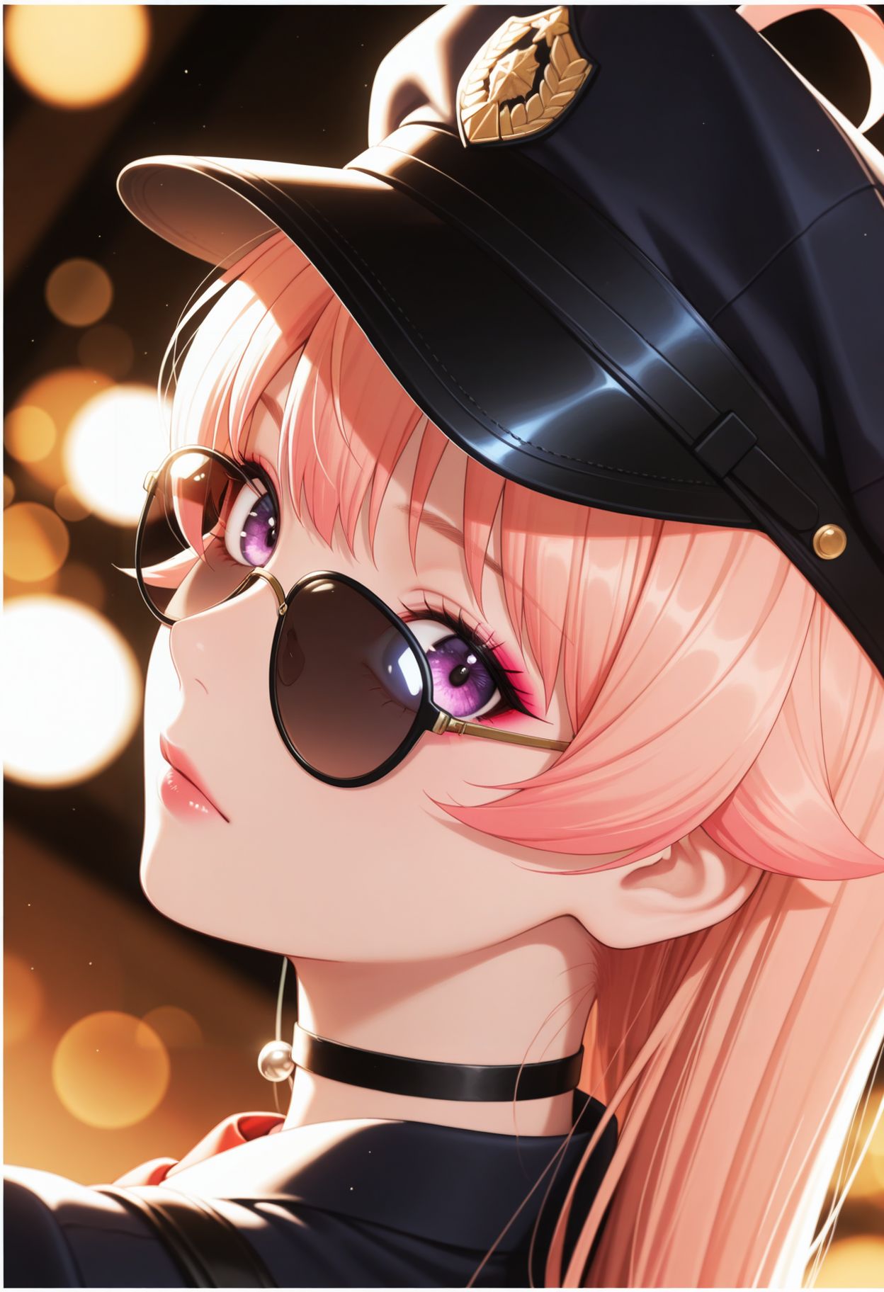 masterpiece,best quality,absurdres,highres,very aesthetic,high quality,detailed,insanely detailed,beautiful,perfect lighting, ,depth of field,blurry background,bokeh, looking at viewer,
highs, sunglasses,peaked hat,necktie, close-up, looking_back, dutch_angle,border,makeup,dynamic angle
 <lora:Wakatsuki Niko illu:1> 1girl, pink hair,ahoge, purple eyes, long hair, choker,