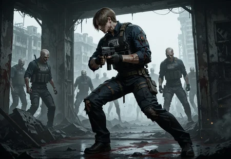solo,1boy,((solo)),alone,male focus,solo,leon kennedy, brown hair, light blue eyes,bulletproof vest,standing,battle-ready,,holding gun,battle stance,dynamic stance,fight stance,tealth,blood,torn clothes,shirts,pantszombie apocalypse,BREAK,zombi crowd,zombie crowd,bald,zombies,zombiedark,gloomy,ruined place,full body,indoor,detailed eyes,one hand down,expressive,cinematic,side view,indoors,far away, ,detailed eyes,perfect eyes,motion blur,motion lines,motion cinematic,dutch angle,bokeh,depth of view,apocalyptic,dystopian,abandoned,spare bullets,zombie apocalypse,ral-zmbyz,zombie outbreak,resident evil