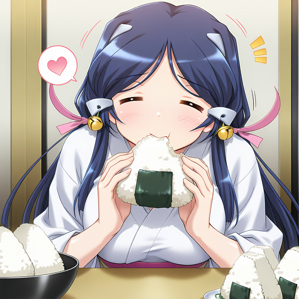 masterpiece, best quality, official art, amazing quality, intricate, game cg, 
1girl, solo, miki, curvy, medium breasts, 
white kimono, 
(= =:1.2), happy, nibble, spoken heart, Eating alone, onigiri, hold onigiri, motion line, speed line, 
sharp focus, depth of field, <lora:ichinose miki v1:1>