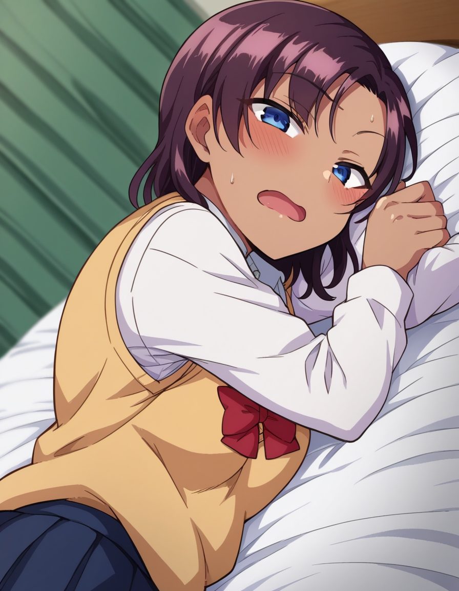 score_9, score_8_up, score_7_up, source_anime,
saehinata, <lora:sae-hinata-ponyxl-lora-nochekaiser:1>
sae hinata, blue eyes, purple hair, dark skin, dark-skinned female,
shirt, bow, school uniform, white shirt, collared shirt, bowtie, red bow, sweater vest, brown sweater, skirt, blue skirt,
indoors, bed, bed room, on side, blush, drunk,
looking at viewer, dutch angle, cowboy shot,