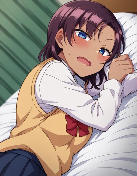 score_9, score_8_up, score_7_up, source_anime,
saehinata, <lora:sae-hinata-ponyxl-lora-nochekaiser:1>
sae hinata, blue eyes, purple hair, dark skin, dark-skinned female,
shirt, bow, school uniform, white shirt, collared shirt, bowtie, red bow, sweater vest, brown sweater, skirt, blue skirt,
indoors, bed, bed room, on side, blush, drunk,
looking at viewer, dutch angle, cowboy shot,