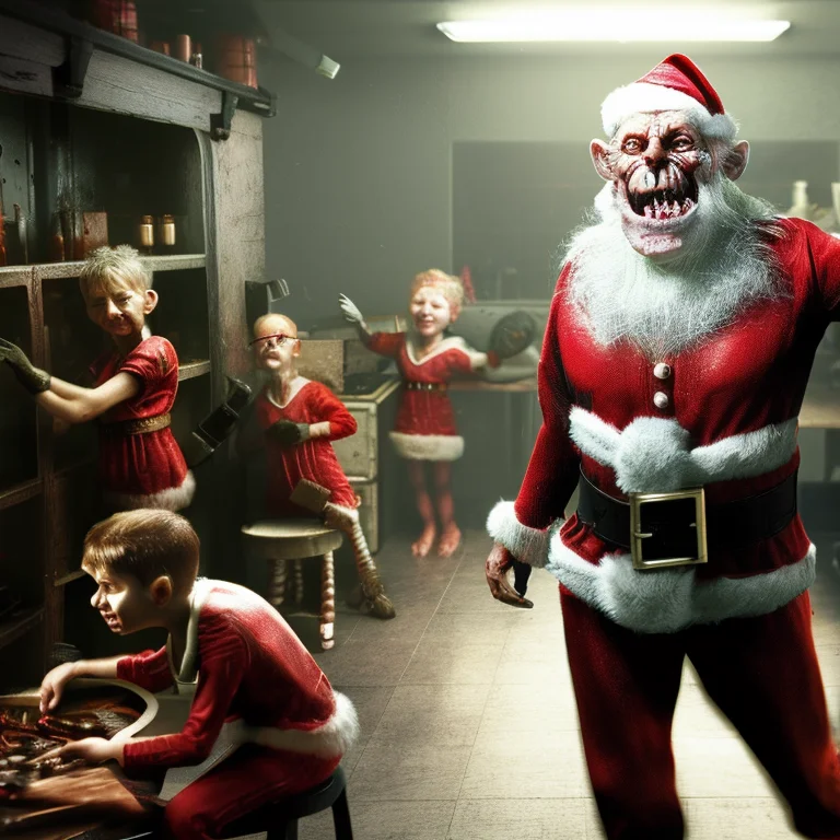 Santa in his workshop surrounded by happy little elves, photo, realistic, hyper detailed, 8k, by HorrorByDave