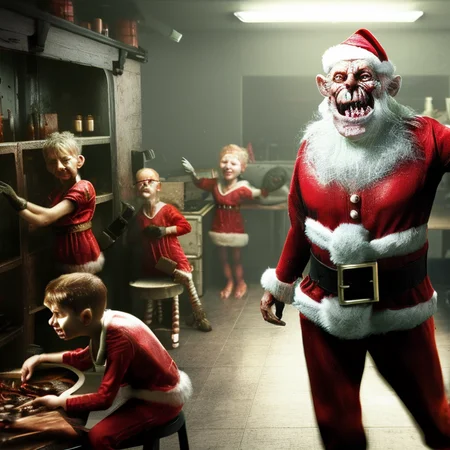 Santa in his workshop surrounded by happy little elves, photo, realistic, hyper detailed, 8k, by HorrorByDave