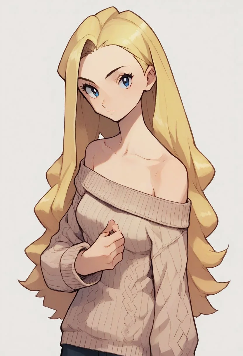 (source_anime, score_9, score_8_up, score_7_up:1), 1girl, solo, blonde, long hair, beige off-shoulder sweater, looking at viewer, simple background
