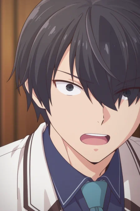 masterpiece, best quality, amazing quality,high resolution,intricate details,official style,depth of field,anime screencap , , , 1boy, solo, male focus, <lora:Setsu_Suzaki:0.97>,setsu suzaki,black hair,black eyes,short hair,open mouth,hair over one eye, upper teeth ,school uniform,white jacket,eyes visible through hair,collared shirt,blue shirt,blue necktie,upper body,looking at viewer,portrait