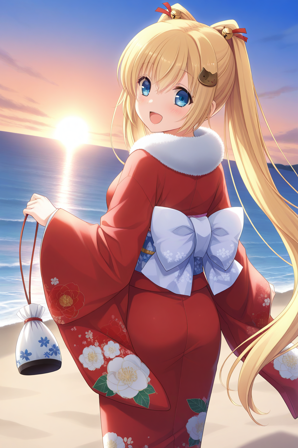 masterpiece, best quality, absurdres, official art, official style, rating general BREAK <lora:asasakameguri_IL_v1-4:0.7>, asasaka meguri, 1girl, solo, blue eyes, blonde hair, twintails, hair between eyes, very long hair, hair ribbon, red ribbon, hair bell, jingle bell, cat hair ornament, small breasts,
japanese clothes, red kimono, furisode, obi, back bow, white bow, light purple bow, fur trim, floral print, holding bag, kinchaku, open mouth, looking back, ocean, blush, looking at viewer, :d, dutch angle, from behind, cloud, pouch, sunrise, outdoors, horizon, sun, beach, new year, first sunrise, coastline, ocean horizon, glowing on backlight