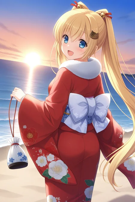 masterpiece, best quality, absurdres, official art, official style, rating general BREAK <lora:asasakameguri_IL_v1-4:0.7>, asasaka meguri, 1girl, solo, blue eyes, blonde hair, twintails, hair between eyes, very long hair, hair ribbon, red ribbon, hair bell, jingle bell, cat hair ornament, small breasts,
japanese clothes, red kimono, furisode, obi, back bow, white bow, light purple bow, fur trim, floral print, holding bag, kinchaku, open mouth, looking back, ocean, blush, looking at viewer, :d, dutch angle, from behind, cloud, pouch, sunrise, outdoors, horizon, sun, beach, new year, first sunrise, coastline, ocean horizon, glowing on backlight