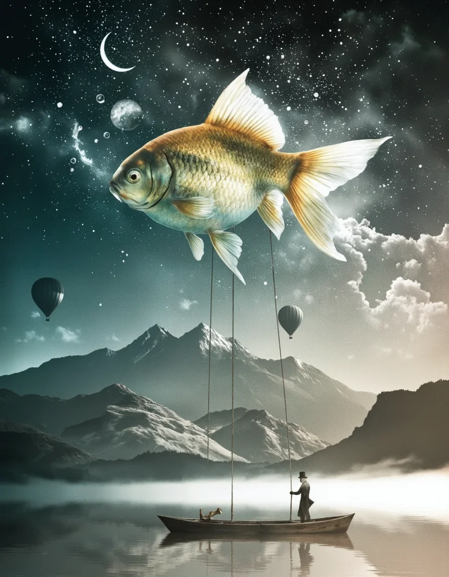. A surreal digital illustration shoot from a below camera angle about a surreal scene featuring a large goldfish floating above a small wooden boat with a man in a top hat, suspended in mid-air. the scene is set against a dark, stormy sky with a crescent moon and stars, and a misty mountain range in the background. the man in the top hat is standing in the middle of the image, looking up at the large fish. he is wearing a long coat and a hat, and is standing on the wooden boat, which is attached to the fish with strings. the fish is large and gold in color, and it appears to be floating above the water. the sky is filled with stars and bubbles, and there are two hot air balloons floating in the distance. the image has a dreamy, ethereal quality to it, with a soft, dreamy atmosphere.