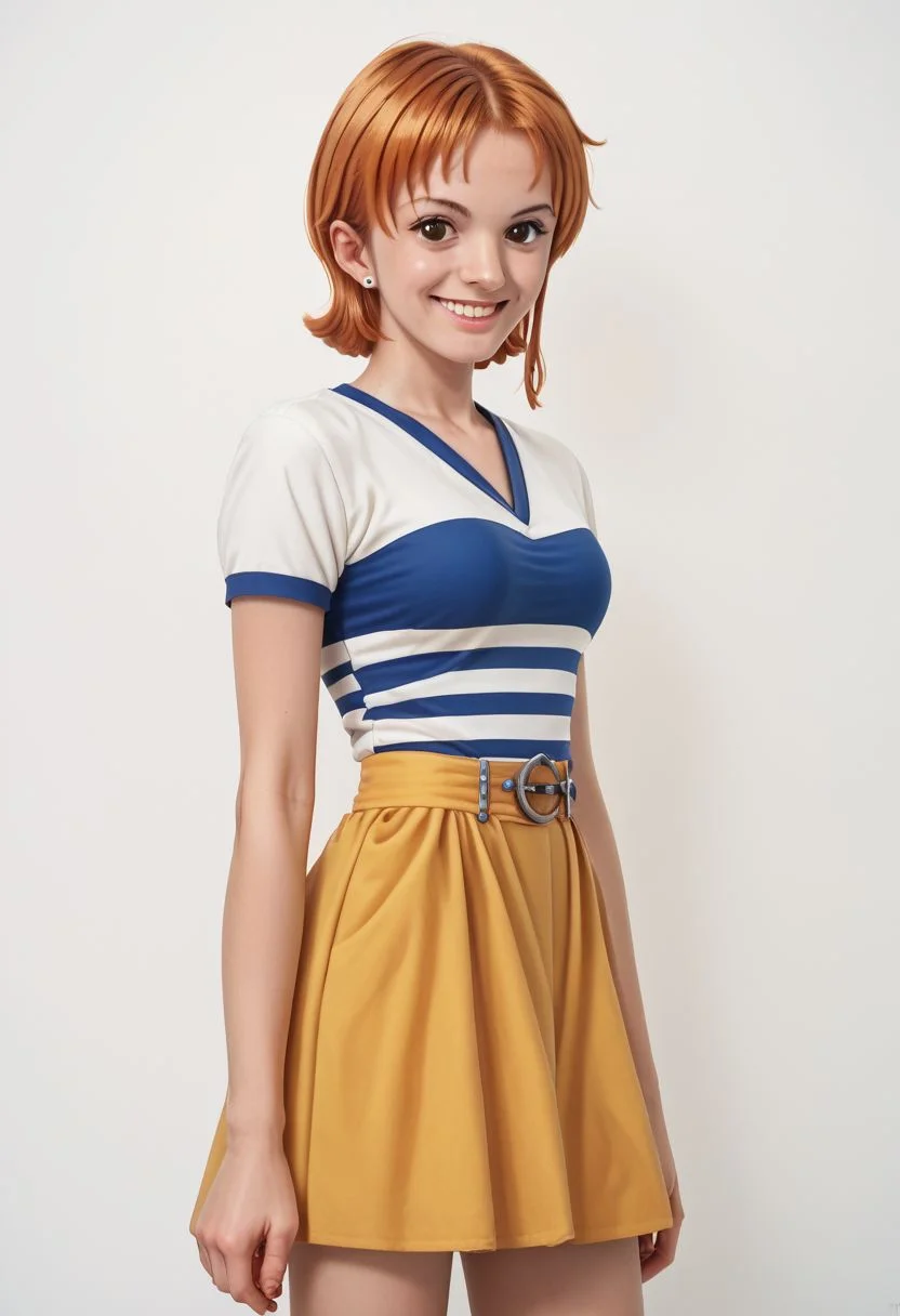 (Score_9,score_8_up, score_7_up:1.6),(source_anime:1.5),(rating_safe:1.5),(nigth scene:2.0), (( nami, 1girl, short hair, orange hair, solo, striped shirt, yellow skirt, looking at viewer, smile, brown eyes,boots)),high definition, 35mm, ( detalled:1.5), detailed face ,Beutyfull
