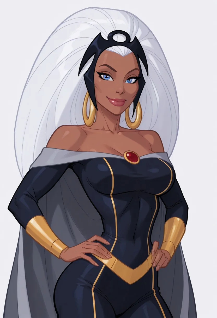White background, simple background, solid color background, 2d, medium breasts, narrow waist, wide hips,
1girl, solo, Marvel, Ororo Munroe, dark-skinned female, dark skin, ebony, ebony female, white hair, long hair, big hair, black tiara, headgear, blue eyes, hoop earrings, gold earrings, lipstick, collarbone, off shoulders, bare shoulders, pendent, grey cape, dark blue bodysuit, yellow trim, yellow belt, gold bracers, bare hands,
Upper body, looking at viewer, hands on hips, smile, close mouth, thighs, tipeht