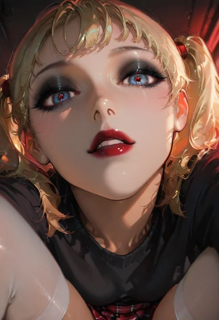 masterpiece, best quality, amazing quality, very aesthetic,absurdres, newest, high resolution,(volumetric lighting), Jeanette, 1girl, twin tails, black eyeshadow, black and red lipstick, blonde, plaid skirt, white thigh highs, artist:moriimee, yoneyama_mai, portrait, close-up,looking at viewer,