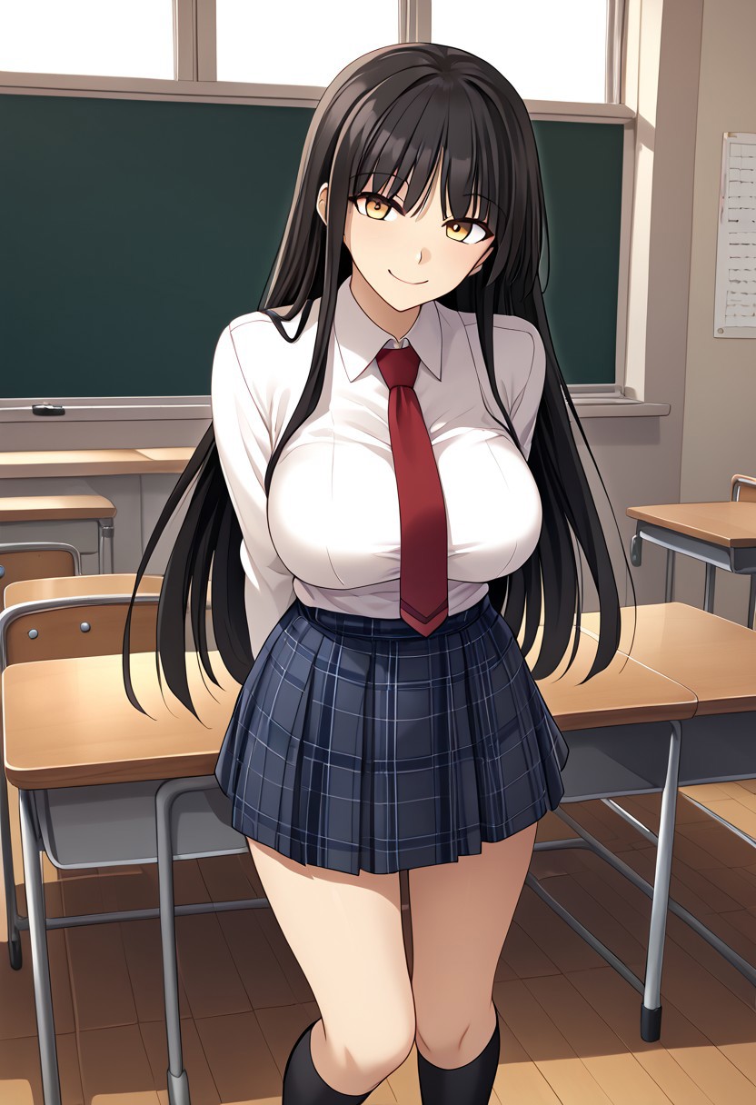 score_9,score_8_up,score_7_up,source_anime,5_figner,2d_animation,game cg,BREAK,1girl,solo,Kamiya Rin,black hair,long hair,brown eyes,yellow eyes,
plaid skirt, white shirt, school uniform,red Short necktie,  black socks,brown loafers,
large breasts,smile,front view,full body,looking at viewer,arms behind back,
school,class room,desk,chair,blackboard,window,
masterpiece,best qualit,ultra-detailed,illustration,an extremely delicate and beautiful,beautiful detailed eyes,unity 8k wallpaper,high resolution,anime CG,official_art,
