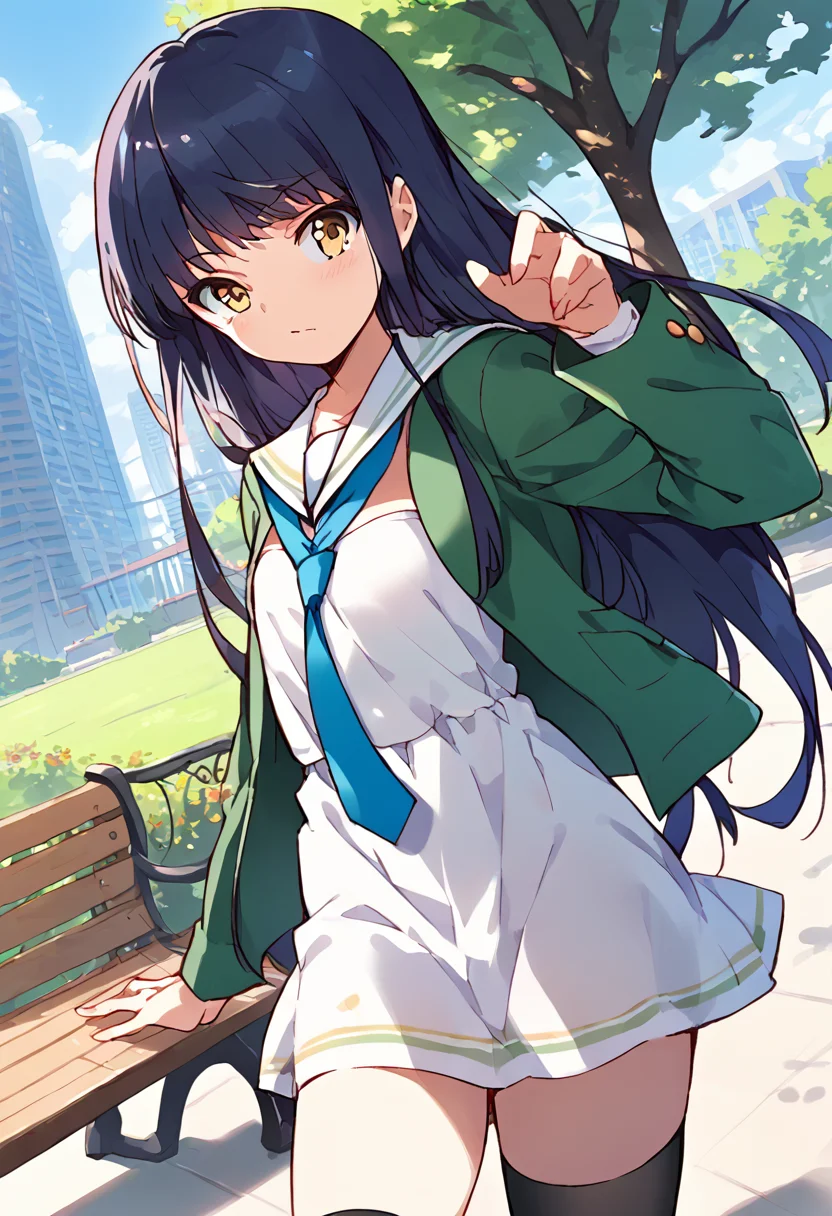 score_9,score_8_up,score_7_up,source_anime,zPDXL3,park,park bench,tree,
*//*,<lora:NanaseYoshino-v1.0:1.0>,nanaseyoshino_wug,1girl,solo,yellow eyes,long hair,black hair,black socks,white dress,short dress,shoes,brown footwear loafers,sailor collar,green jacket,open clothes,clothing cutout,blue necktie,
*//*,looking at viewer,cowboy shot,dutch angle,dynamic pose,