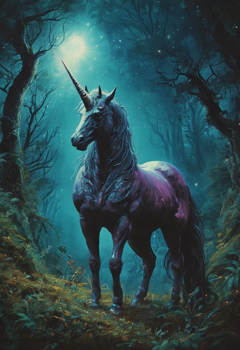 OverallDetail, dark fantasy style, also try: cinematic, realistic, photo (for better results), Dark Unicorn, ,dark magic aura, detailed, perfect,magic horn , detailed, beautiful, perfect, excellent, night, forest background
