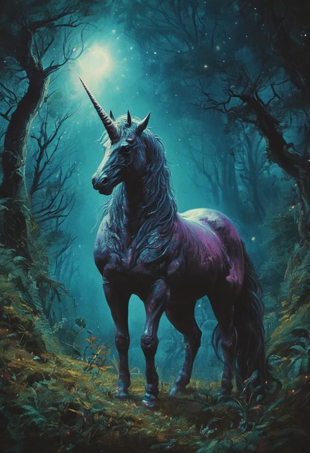 OverallDetail, dark fantasy style, also try: cinematic, realistic, photo (for better results), Dark Unicorn, ,dark magic aura, detailed, perfect,magic horn , detailed, beautiful, perfect, excellent, night, forest background