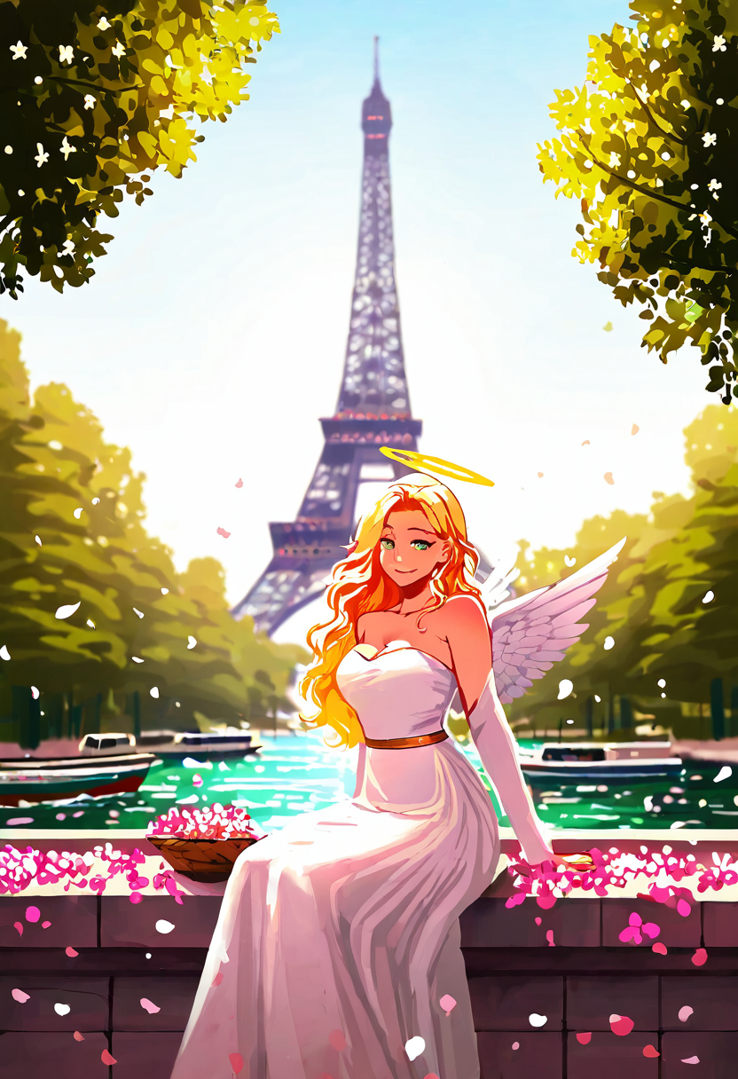 masterpiece, best quality, medium breasts, (curvy),   BREAK,  1girl, solo, blonde hair, wavy hair, angel, angel wings, halo, smile, sitting, forest, white dress,  <lora:EiffelTower_NAI:1.0>,  zzEiffelTower in background,  sitting, watercraft, boat, sitting on wall, side view, looking at viewer, smile,,, blooming stars, luminescent petals, otherworldly fragrance blurry background,