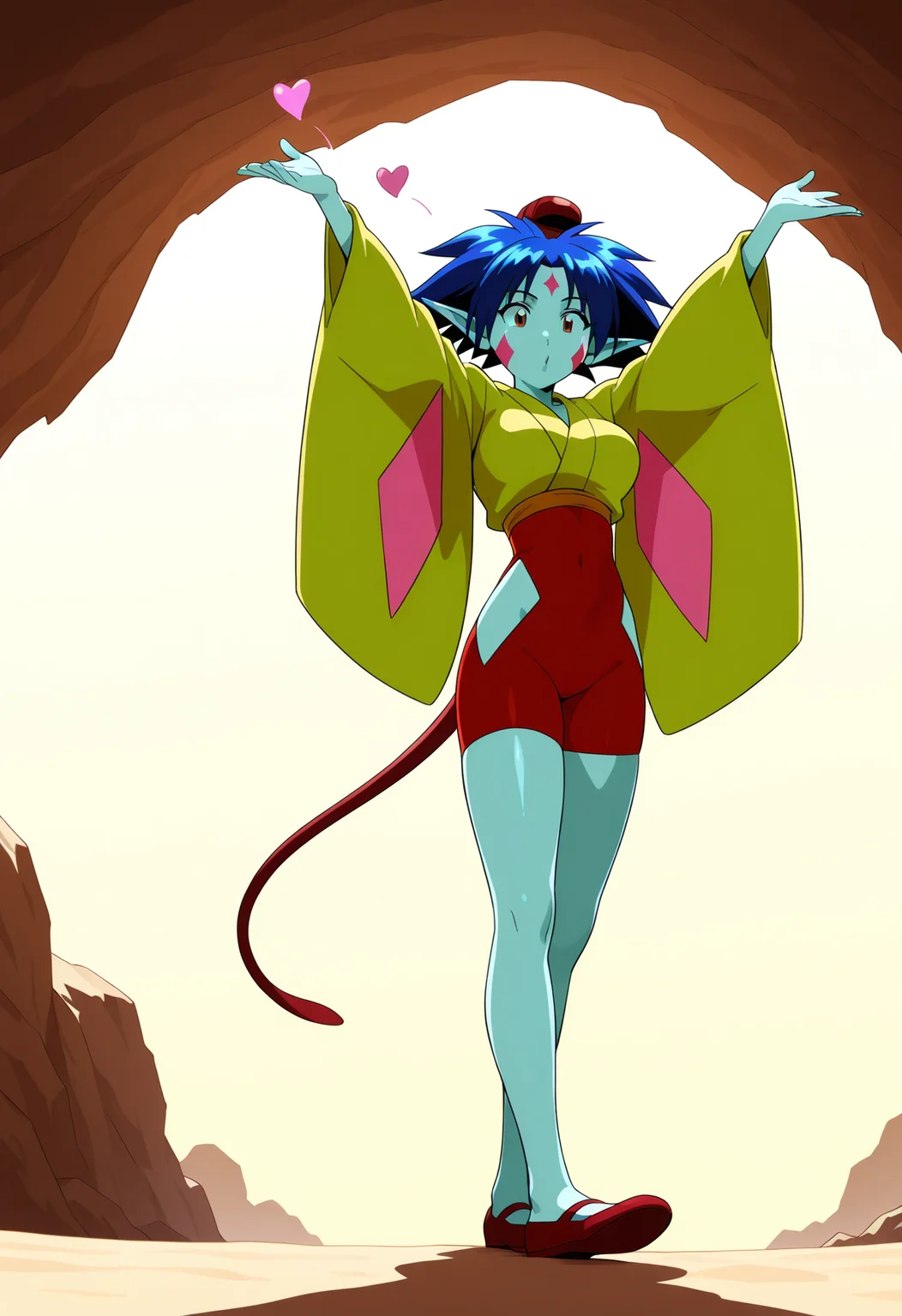 ponko, 1girl, solo, breasts, short hair, long sleeves, japanese clothes, pointy ears, wide sleeves, colored skin, outstretched arms, cave, clothing cutout, tail, facial mark, red footwear, red headwear, retro artstyle, 1990s
BREAK
Standing, blowing kiss
BREAK
outside, theme park, stalls
BREAK
masterpiece,best quality,absurdres,very aesthetic,perspective, <lora:ponko_IL_Lora_v1:1> <lora:Lune_soft_style:1>