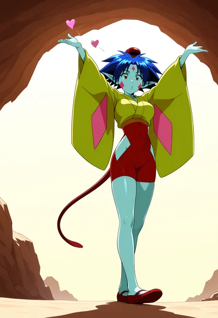 ponko, 1girl, solo, breasts, short hair, long sleeves, japanese clothes, pointy ears, wide sleeves, colored skin, outstretched arms, cave, clothing cutout, tail, facial mark, red footwear, red headwear, retro artstyle, 1990s
BREAK
Standing, blowing kiss
BREAK
outside, theme park, stalls
BREAK
masterpiece,best quality,absurdres,very aesthetic,perspective, <lora:ponko_IL_Lora_v1:1> <lora:Lune_soft_style:1>