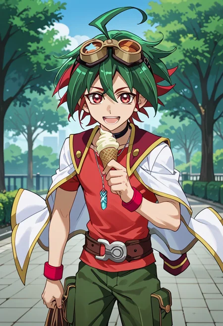 score_9, score_8_up, score_7_up, score_6_up, highly detailed,Good Colors, Glowing Skin, Good Shading, Good Eyes, Contrast Shading, Yuya, 1boy, male_focus, green hair, red hair, multicolor hair, ahoge, red eyes, googles on head, goggles, choker, pendulum necklace, red bracelets, red shirt, white jacket, jacket on shoulders, belt, green pants, red shoes, smile, teeth, open mouth, holding ice cream, on park