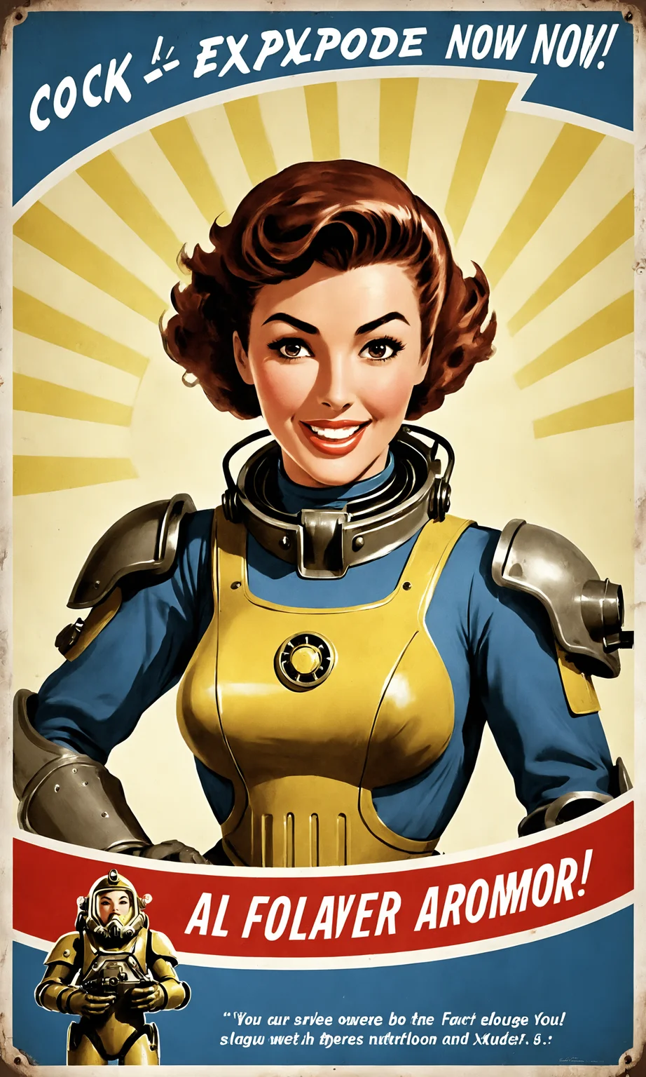 text "Cock Explode Now!", poster of a woman wearing fallout power armor, classic waves, falloutpostsdxl,<lora:falloutpostsdxl:0.8>, 1960s \(style\), classic ad,