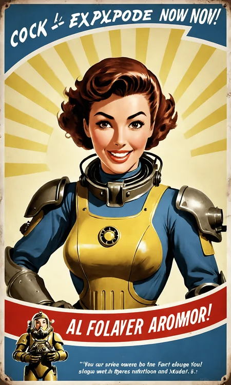 text "Cock Explode Now!", poster of a woman wearing fallout power armor, classic waves, falloutpostsdxl,<lora:falloutpostsdxl:0.8>, 1960s \(style\), classic ad,