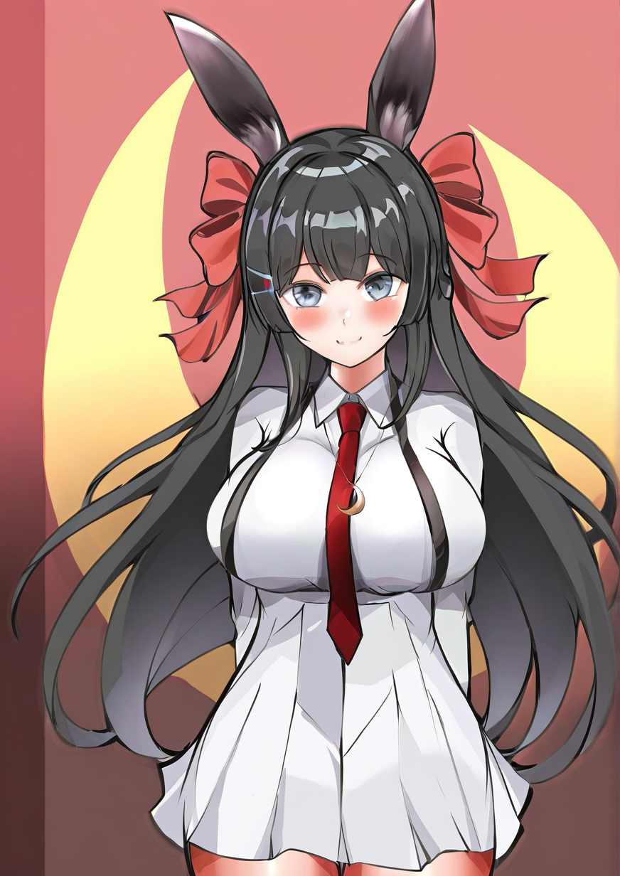 <lora:ngyeohan:1>,1girl, tsukino mito, detailed background, huge breasts, wide hips, animal ears, arms behind back, black hair, blush, bow, breasts, collared shirt, cowboy shot, crescent, crescent necklace, dress, gradient, grey eyes, hair bow, hair ornament, hairclip, jewelry, long hair, looking at viewer, necklace, necktie, open clothes, open shirt, pendant, rabbit ears, red bow, red necktie, shirt, smile, solo, white dress, white shirt, 
very awa, masterpiece, best quality, highres, absurdes,amazing quality