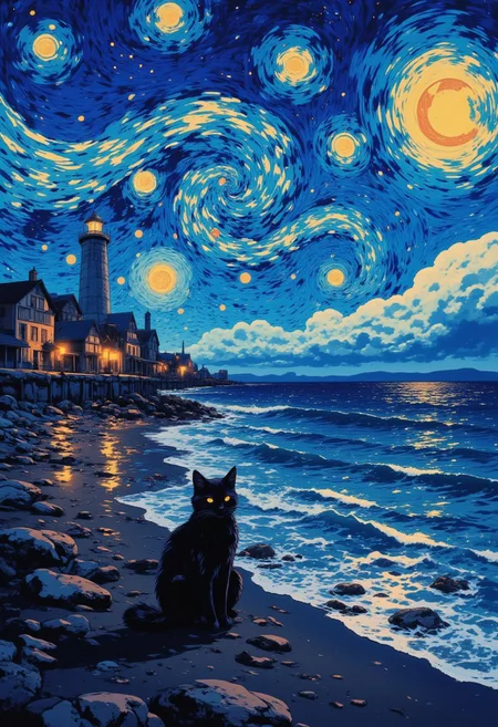 on the beach at night, under a bright starry sky with swirl patterns ((The sky is filled with Van Gogh style, twisted into swirl lines, creating a feeling of movement, as if the stars and clouds are pulsating and rotating))
A black cat sits on the shore. In the background you can see a lighthouse, illuminating the shore and the houses nearby, creating an atmosphere of comfort and mystery.