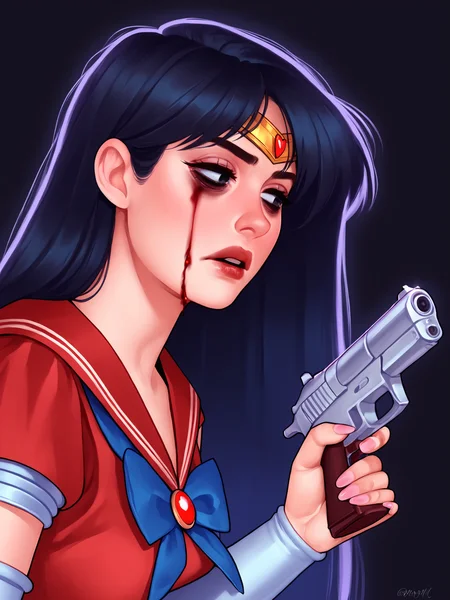 score_9, score_8_up, score_7_up, score_6_up, score_5_up, score_4_up, rating_safe
BREAK
sailor mars, circlet, black hair, black eyes, looking away, tired, half-closed eyes, bags under eyes, sigh, open mouth, looking down, blood on face, blood splatter,
BREAK
solo, portrait, magical girl, red serafuku, from side, holding gun, handgun, blood on weapon,
BREAK
black background, <lora:Lunas-OthalaM-SDXL-A1:1>