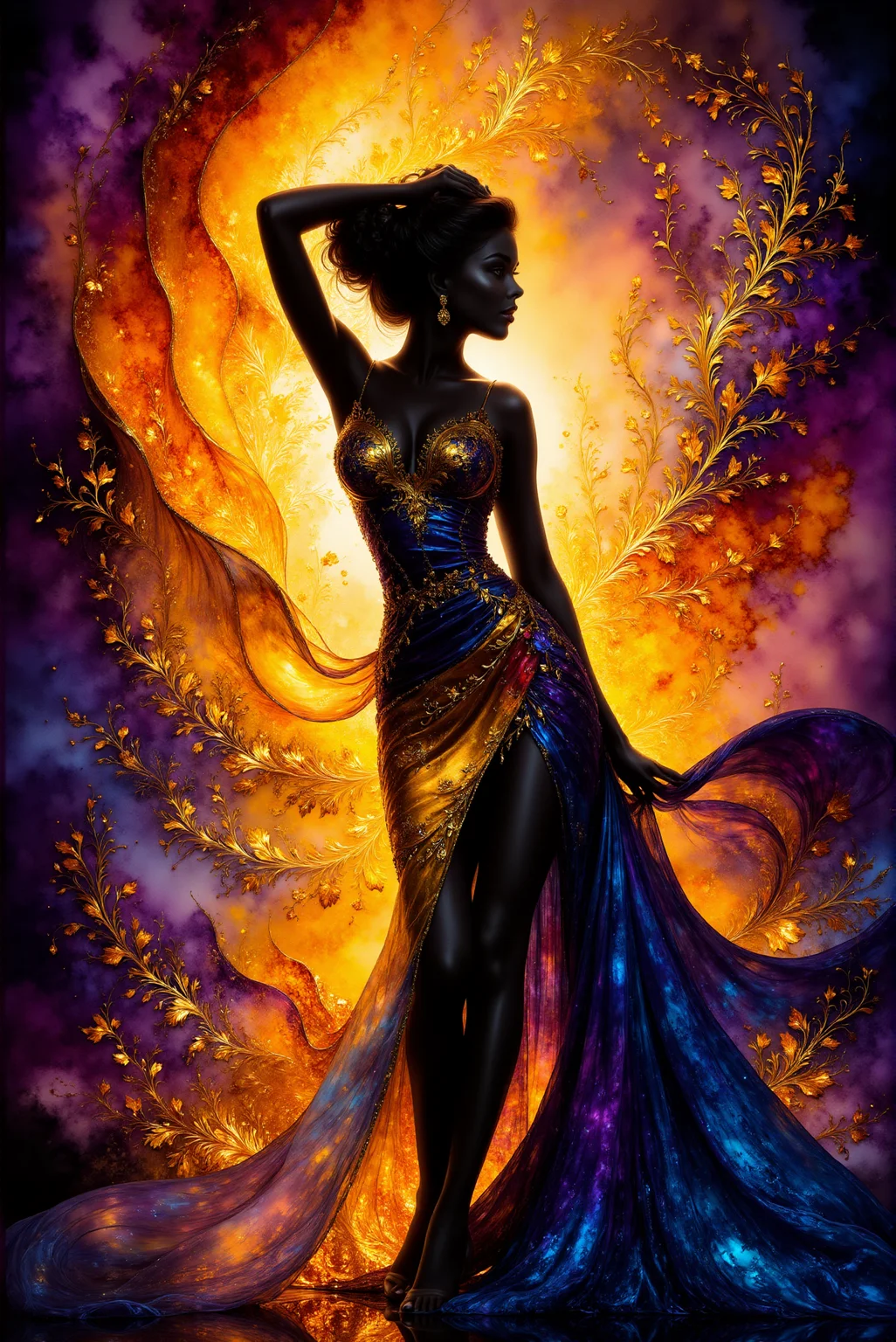 <lora:AISIL_style:1.0> AISIL style digital artwork with intricate and vibrant background.
A woman in a dramatic pose, one hand raised to her head, the other by her side. Her gown flows elegantly, adorned with intricate floral and gold embellishments, glowing with warm tones of orange and yellow that merge with deep blue and purple swirls. The background radiates vivid, ethereal energy, combining fiery orange flames with cool, celestial purples and blues. The lighting is high contrast, emphasizing the silhouette against the vibrant, dynamic backdrop.