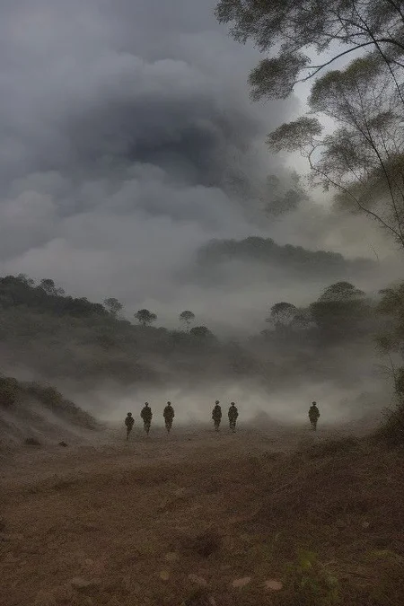 close up six soldiers on high alert . Flying Dirt, Smoke, Fire, Debris, Explosive Shockwaves, Shattered Fragments, Blazing Embers, Searing Heat, Chaotic Movement, Scattered Ashes, Resonating Boom, Ring of Fire, Glowing Sparks, Intense Illumination, Shockwave Ripples, Charred Remnants. dark cloud, dark sky, dirt, fog, grass, gravel, heavy black smoke, mountain, mud, soldier in a rainforest, thick smoke, trees, tundra, white smoke Soldiers on high alert navigate the dense rainforest of a warzone, Moonlit Shadows, Dirt, Survival, Explosions, Tension, Shattered Fragments, surrounded by swirling smoke and debris. The terrain, Searing Heat, War-Torn, Military Operation, Emergency Services, Dystopia, Darkness, the soldiers remain vigilant, Conflict