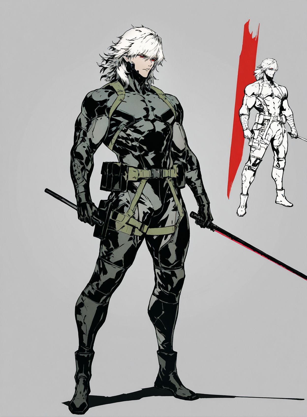 masterpiece,best quality,amazing quality,very aesthetic,absurdres,newest, huge filesize,
<lora:spo_sdxl_10ep_4k-data_lora_webui:0.5>,
<lora:add-detail-xl:1>
1boy, short hair, muscular male,  holding sword,   red eyes, full body,Bio-Ninja, white hair, medium hair, 
raiden \(metal gear\), 
baton \(weapon\), 
simple pencil sketch, spot color, <lora:Yoji:0.8> yoji_shinkawa,