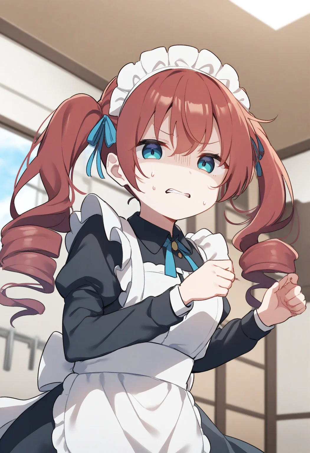 1girl,sincos, ningen mame, toosaka asagi,solo,medium breasts,20yo,maid,maid headdress,
donbiki,<lora:donbiki_XL_v1:0.7>
sweatdrop, looking at viewer, shaded face, turn pale, jitome, disgust, gloom (expression), d:, frown, empty eyes, no pupils, clenched teeth, hands up,
ceiling, wide shot, red hair, purple eyes, sandy beach, drill hair,,
best quality, very aesthetic, absurdres