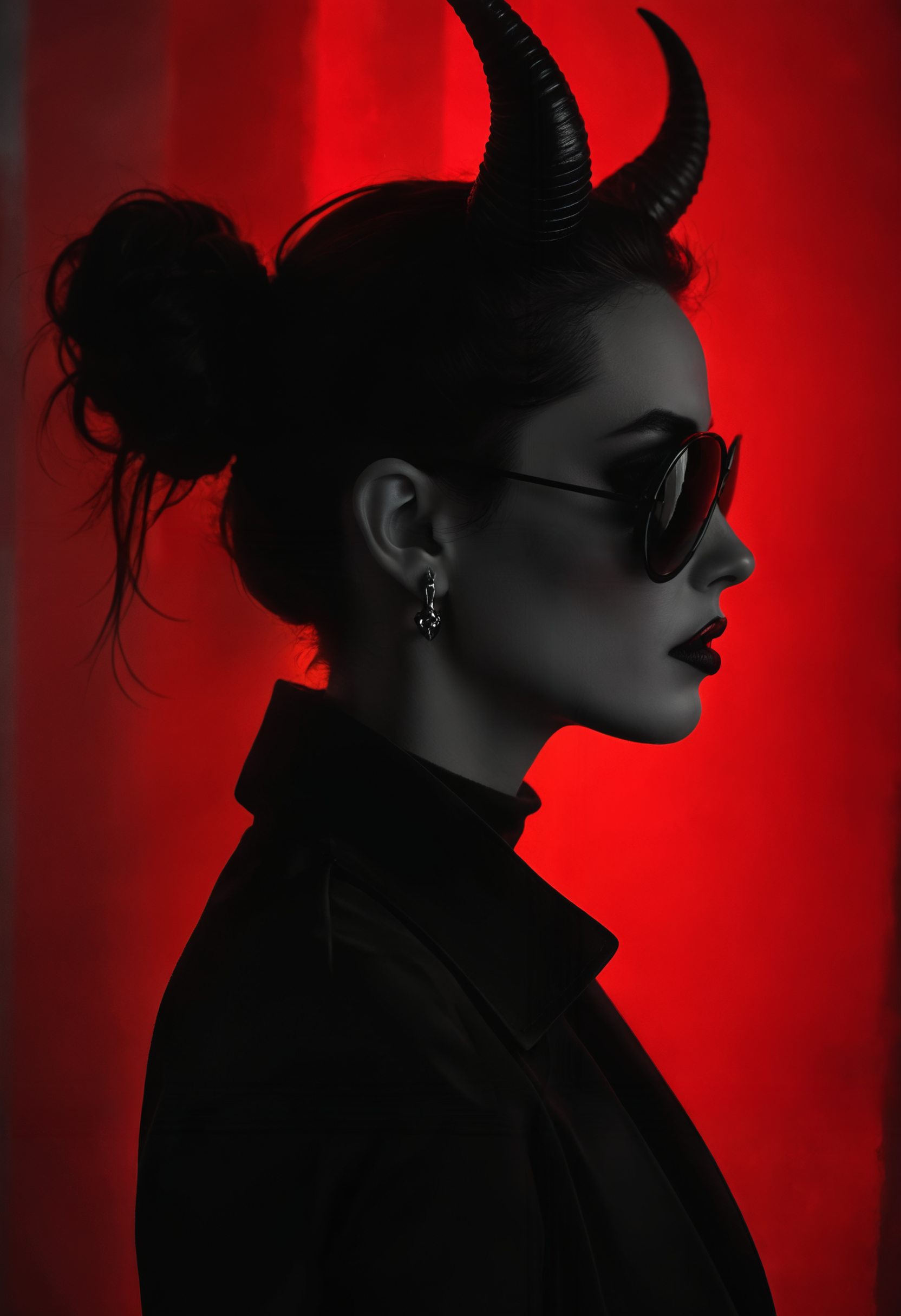 a black and white photo of a woman with horns on her head, digital art, pexels contest winner, bauhaus, with red haze, dark shades, glamor profile pose, with dark hair tied up in a bun, devils, official dior editorial, catwoman, side profile shot, felix englund style, full image
<lora:add-detail-xl:0.5> <lora:xl_more_art-full_v1:0.5>