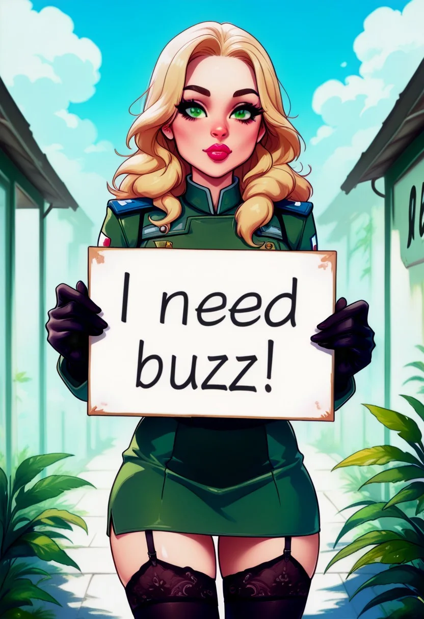masterpiece ,amazing quality,best quality,ultra-detailed,8K, detailed background, face focus, 1girl, need_buzz, holding sign, slender, slim, lipstick, makeup, nose, lips, green eyes, military uniform, garter straps, skirt, black legwear, black gloves, solo, looking at viewer, full body, cowboy shot, outdoors, jungle, blue sky, Stable_Yogis_SD1.5_Positives