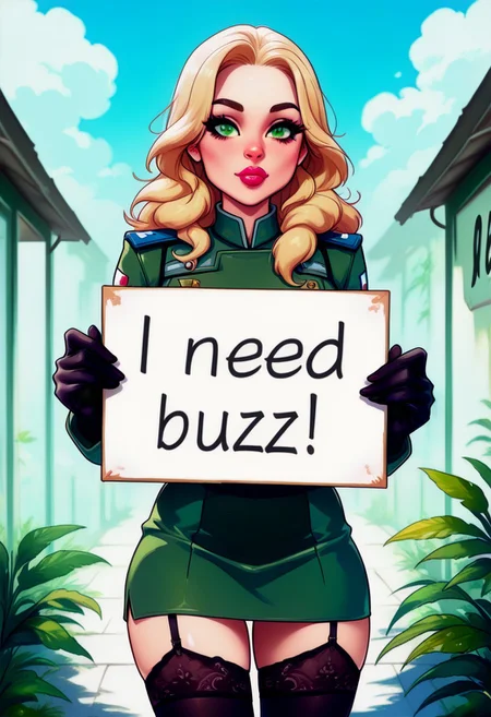 masterpiece ,amazing quality,best quality,ultra-detailed,8K, detailed background, face focus, 1girl, need_buzz, holding sign, slender, slim, lipstick, makeup, nose, lips, green eyes, military uniform, garter straps, skirt, black legwear, black gloves, solo, looking at viewer, full body, cowboy shot, outdoors, jungle, blue sky, Stable_Yogis_SD1.5_Positives