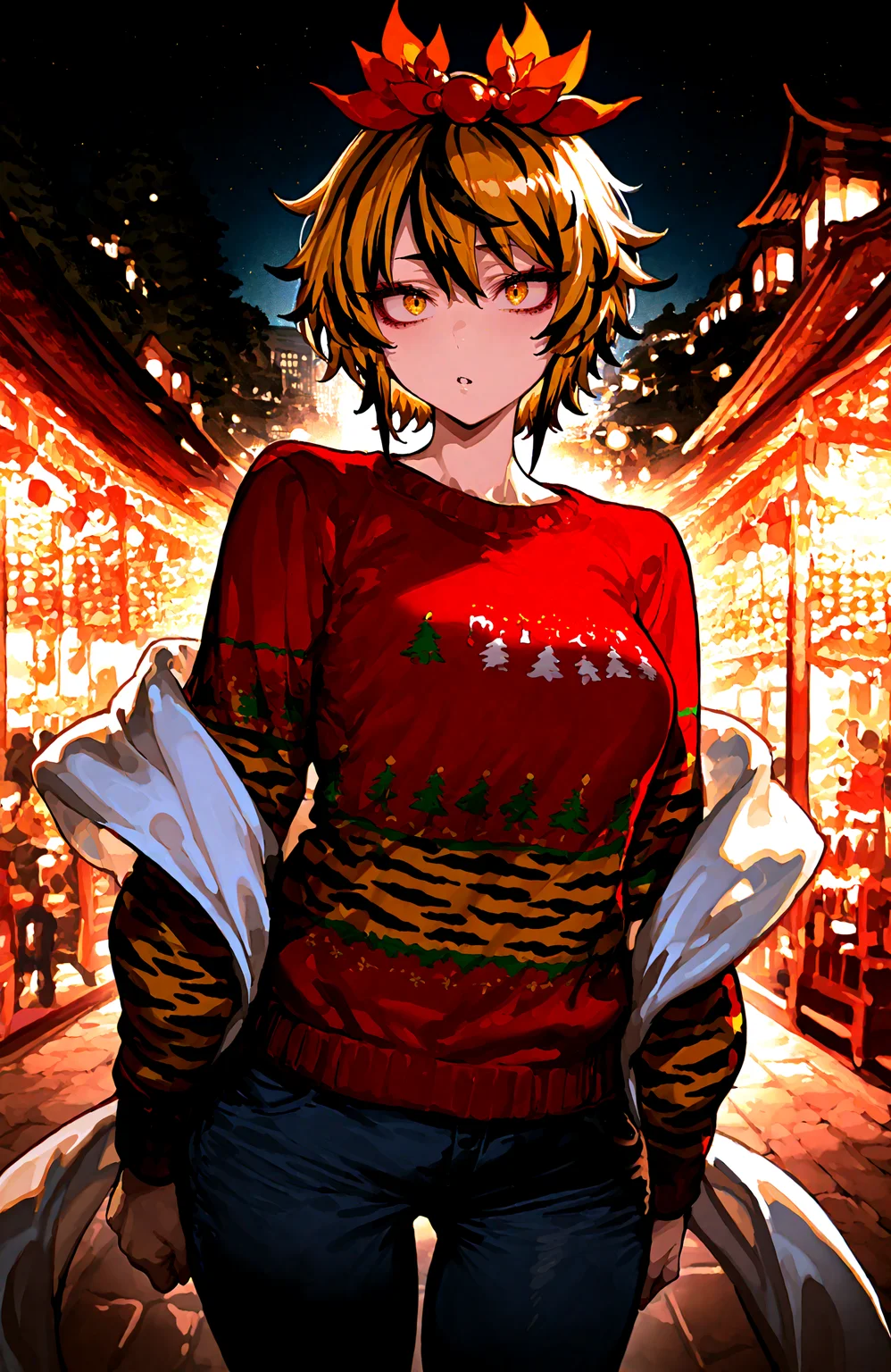 1 girl, toramaru_shou, 1girl ,animal_print,black_hair ,blonde_hair, breasts , hagoromo, hair_ornament, , long_sleeves, looking_at_viewer ,medium_breasts, multicolored_hair, pants, shawl, shirt ,short_hair ,solo , streaked_hair, tiger_print, two-tone_hair ,yellow_eyes,
christmas_sweater, dark, night, indoor,
,Fishine, munakata_(sekimizu_kazuki),dekosukentr,kizuki_aruchu ï¼ireadingï¼kubo_tite_(style) ,
ï¼masterpiece, best quality, newest, absurdres, highres,
<lora:illustrious_noobai_epsilon_pred_1_best_quality_v1:0.4> ,<lora:illustrious_noobai_epsilon_pred_1_masterpieces_v1:0.4>, <lora:illustrious_noobai_epsilon_pred_11_very_aesthetic_v1:0.4>, <lora:ponyv5_noobV065S_1_adamW:0.6>, <lora:add-detail-xl:0.4>, <lora:GEN(illust) 0.2v:0.6>, <lora:USNR STYLE_XL_loha:0.6>, <lora:cfg_scale_boost:0.4>, <lora:christmas_sweater:0.8>