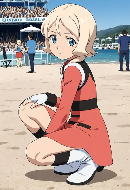 <lora:Hyper-SDXL-8steps-lora:1> <lora:Fixhands_anime_bdsqlsz_V1:1> zPDXL2, score_9, score_8_up, score_7_up, source_anime, intricate details, perfect anatomy BREAK
outdoors, beach, ocean, audience, crowd, on one knee, hand on ground, elbow on knee, looking at viewer, from side, Stoic, Expressionless face with a neutral mouth and a neutral gaze.,, 
1girl, solo, solo focus <lora:GAGE-emily_armond_XL(pony)v10:1> gage-emily, blonde hair, short hair, low ponytail, blue eyes, gage-emily outfit, red dress, fingerless gloves, red skirt, white boots,