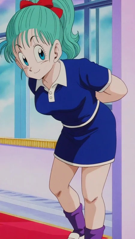 source_anime, masterpiece, best quality, amazing quality, anime screencap, high quality, 8k, absurdres, official style, 1girl, solo, looking at viewer, standing, smile, <lora:Bulma_Early_Z_iL:1>, 8u1m4 Z early, blue eyes, aqua hair, vegeta saga, ponytail, blue shirt, short sleeves, collared shirt, blue skirt, skirt, white trim, breasts, medium breasts, hair ribbon, red bow, shoes, socks, purple socks,