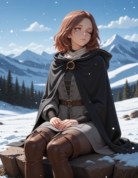 <lora:Melina - Elden Ring (NoobAI):1>
1girl, solo,
m3lina, facial tattoo, brown hair, medium hair, one eye closed, yellow eyes, one-eyed,
hooded cloak, hood down, black cloak, grey dress, pantyhose, thigh boots,
sitting, looking to the side, arm support, rock, dirt, hands on lap,
outdoors, blue sky, clouds, nature, mountainous horizon, blurry background, depth of field, snow, snowing,
straight-on, looking to the side,, masterpiece, best quality, amazing quality,
