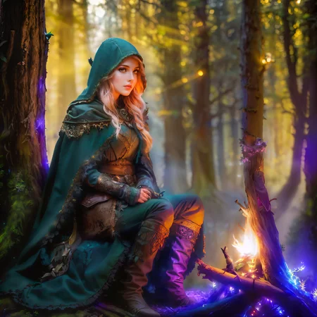 Photo canon 4d, canon 5d, 4k high quality, high resolution, cinematic lighting, 4k wide shot fanran, woman, cape, (holding a knife:1.4), outfit a young woman wait patiently sitting on a old tree stump holding a small glowing (knife|dagger) with blue light blade . In the dark foreboding woodland behind pairs of (eyes glow in the shadows watching silently:1.3). A campfire lights the area in a warm glow. <lora:Rangers, Hunters, Woodsmen:1> <lora:Light Control - Exposure Slider v1:0.5> ordinate designs on cloak trim, gold pattern details, moss mushrooms, vine climbing tree. quality fabrics intricate leather detailing, refined workmanship <lora:Detail_slider_v4 PlusOrNeg5:2>